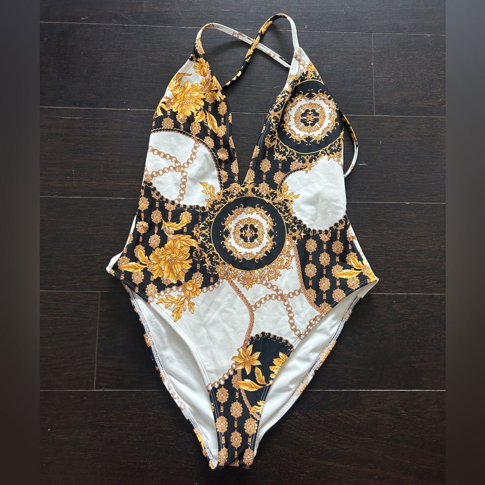 Gold and Black Baroque One-Piece Swimsuit